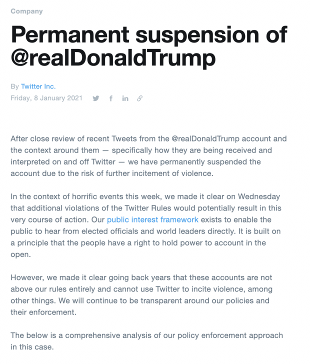 Publicación de Twitter en donde explican los motivos por los que fue suspendida la cuenta de Donald Trump.