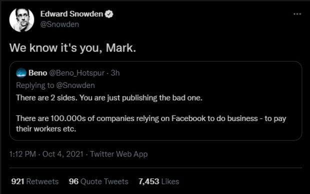 "Sabemos que eres tú, Mark", escribió Edward Snowden en Twitter sobre la caída de WhatsApp, Instagram y Facebook