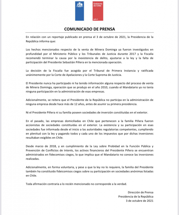 SOSTIENE PRESIDENCIA CHILENA  que Piñera dejó los negocios desde hace más de una década.