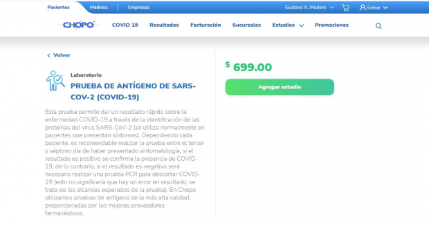 Costo de prueba de antígenos en El Chopo