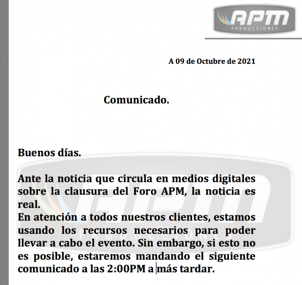 Comunicado de la empresa APM Producciones.
