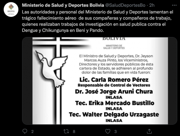 Mensaje publicado en la cuenta de Twitter del Ministerio de Salud y Deportes de Bolivia.