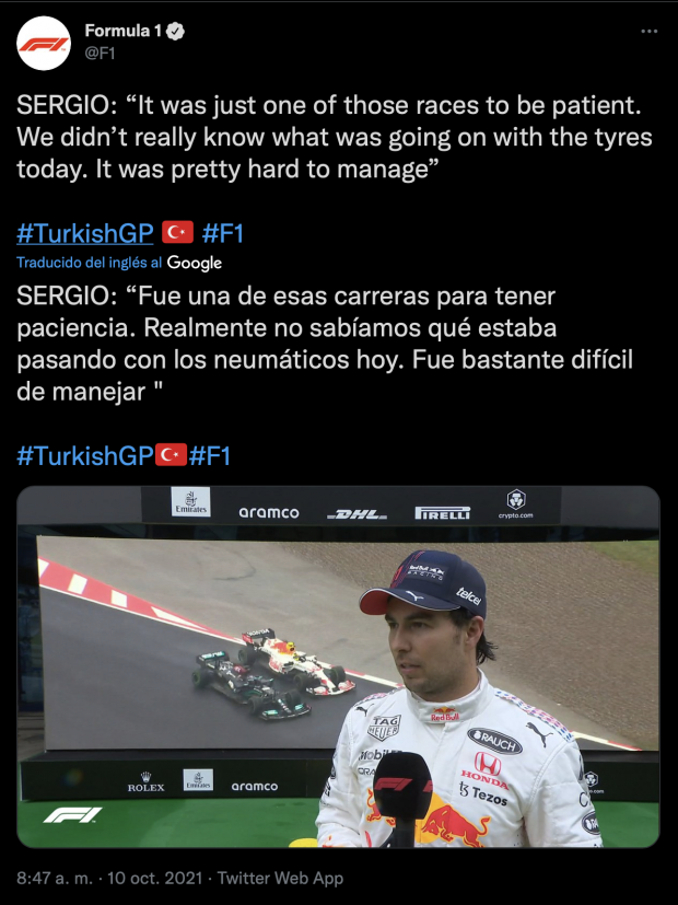 Checo Pérez finaliza en el tercer peldaño del GP de Turquía.