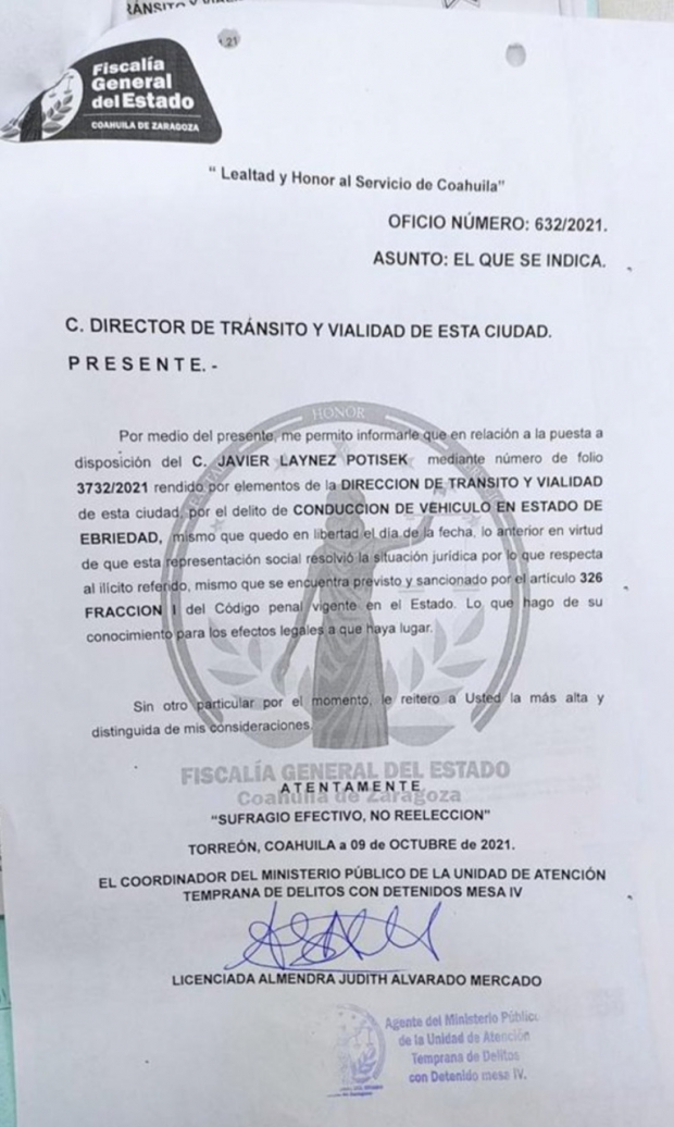 Oficio con papel membretado de la Fiscalía General de Coahuila.