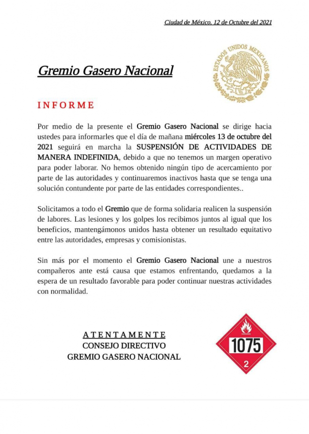Comunicado del Gremio Gasero Nacional.