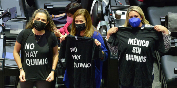 Mariana Gómez del Campo y diputadas del PAN muestran playeras para pedir abasto de medicamentos contra el cáncer durante la sesión ordinaria de la Cámara de Diputados.