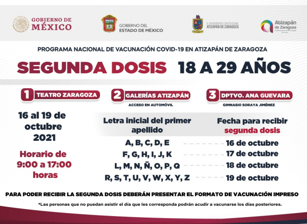Jóvenes de 18 a 29 años, mañana inicia la aplicación de segunda dosis contra COVID-19 en Atizapán de Zaragoza.