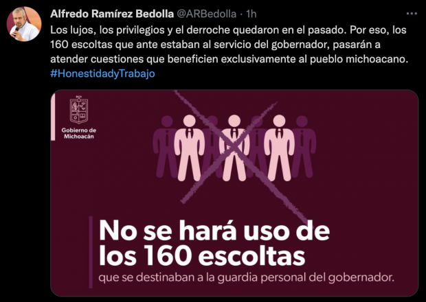 Mensaje publicado en la cuenta de Twitter de Alfredo Ramírez Bedolla, gobernador de Michoacán.