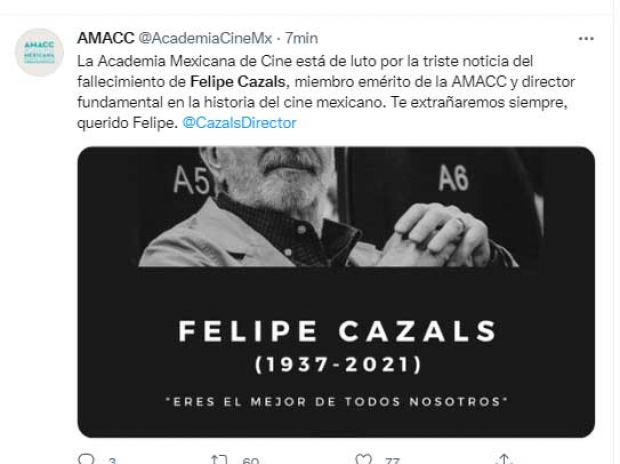 Felipe Cazals fue miembro emérito de la Academia Mexicana de Cine