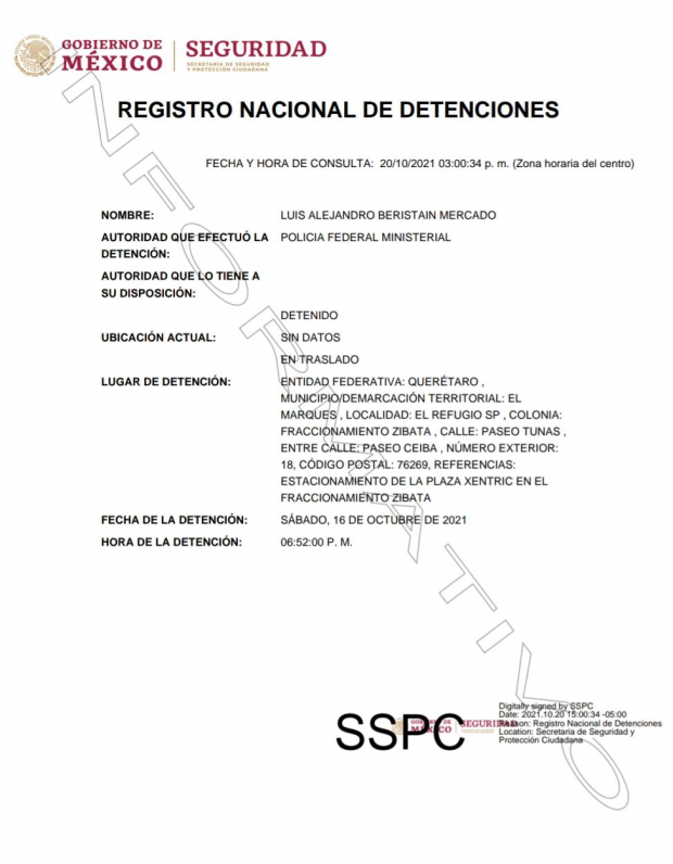 Ficha informativa de la FGR sobre la detención de Luis Alejandro Beristain, apoderado legal de Interjet.