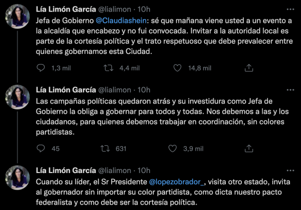 Hilo publicado en la cuenta de Twitter de Lía Limón, alcaldesa de Álvaro Obregón.