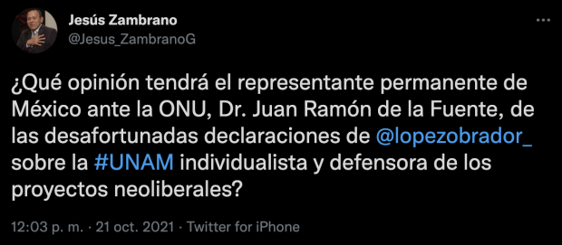 Mensaje publicado en la cuenta de Twitter de Jesús Zambrano.