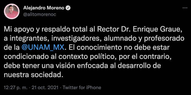 Mensaje publicado en la cuenta de Twitter de Alejandro Moreno.