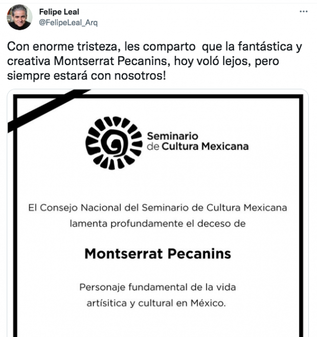 El Seminario de Cultura Mexicana informó sobre el fallecimiento de Montserrat Pecanins.