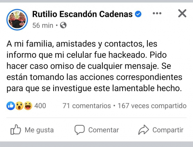 Gobernador de Chiapas denunció el hackeo de su teléfono celular en redes sociales.