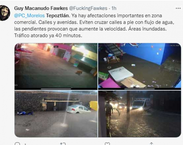 Usuarios de las redes sociales tomaron imágenes de las inundaciones registradas este sábado en Tepoztlán, Morelos