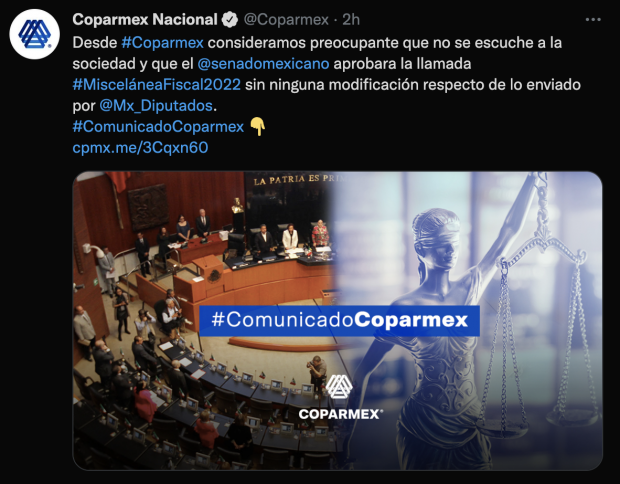 Mensaje de la Coparmex publicado en su cuenta de Twitter.