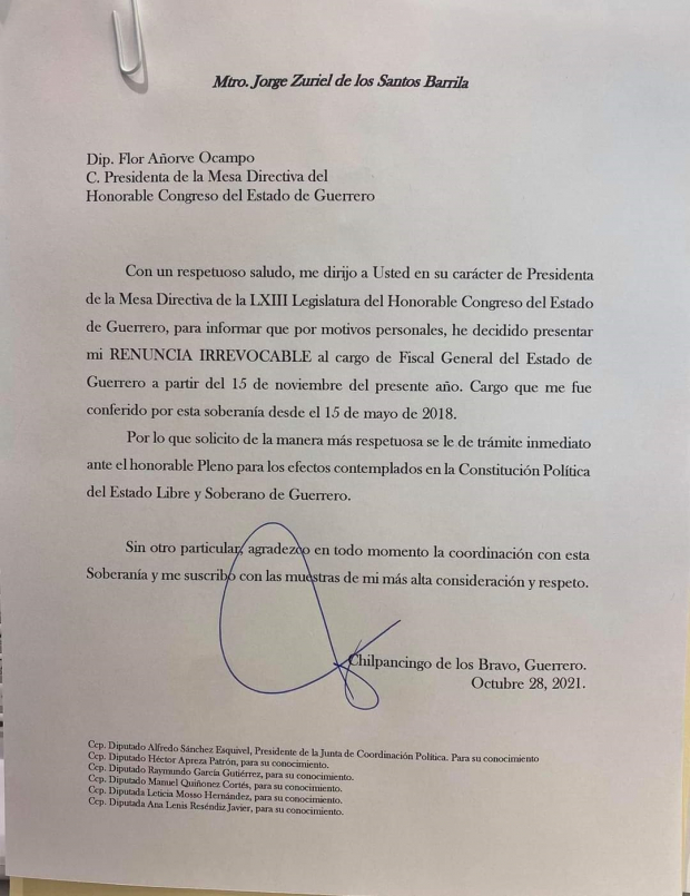 El fiscal general de Guerrero presentó su renuncia.