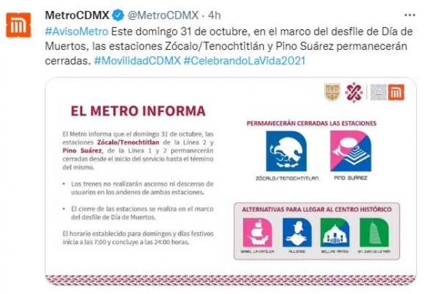 Este domingo estarán cerradas las estaciones del Metro CDMX: Zócalo/Tenochtitlán y Pino Suárez por el Desfile de Día de Muertos