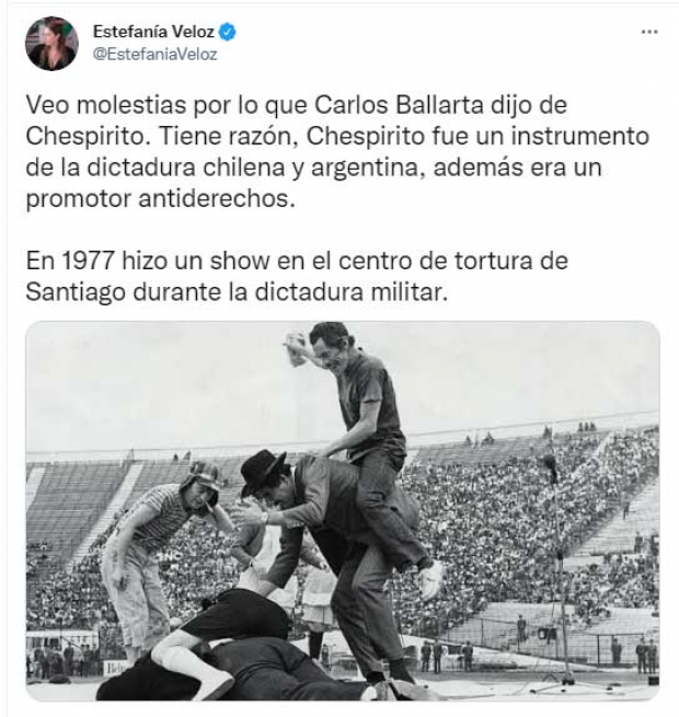 Estefania Veloz sostuvo en sus redes sociales que Ballarta tenía razón y agregó que “Chespirito” fue un instrumento de la dictadura chilena y argentina