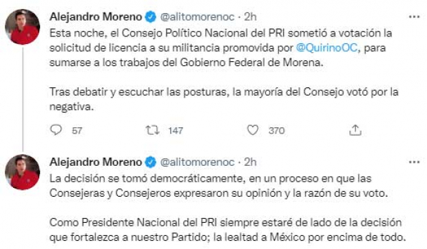 El dirigente nacional del PRI, Alejandro Moreno informó que el Consejo Nacional votó en contra de otorgar licencia al exgobernador de Sinaloa