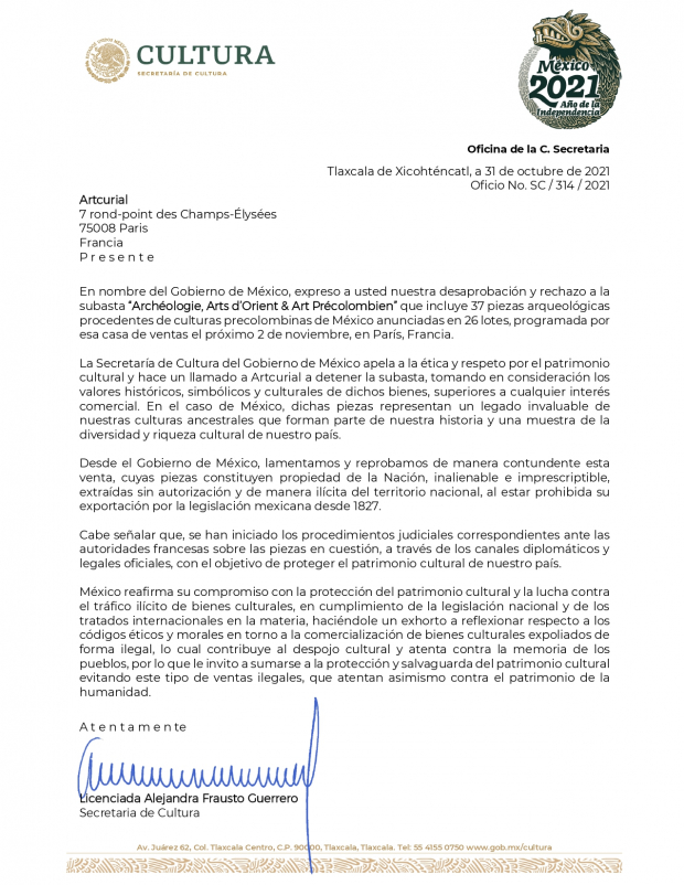 Carta de la secretaria de Cultura, Alejandra Frausto.