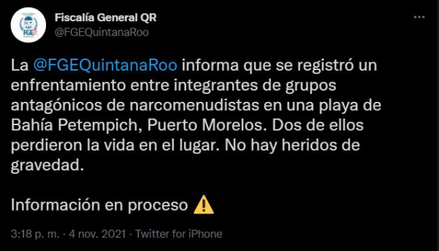 Así informó la Fiscalía de Quintana Roo sobre la balacera en Puerto Morelos.