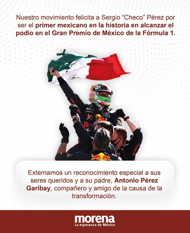 Morena felicitó a Checo Pérez por subirse al podio durante el Gran Premio de México.