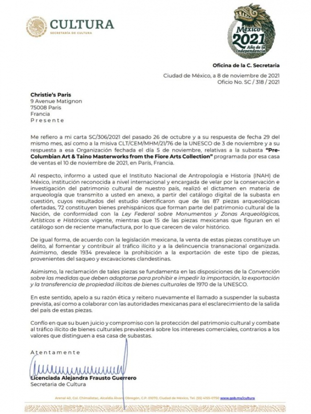 Carta de la secretaria de Cultura Alejandra Frausto. Pide nuevamente detener la subasta.