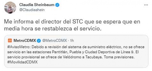 La jefa de Gobierno de la CDMX, Claudia Shienbaum señaló que el servicio se restablecerá en media hora