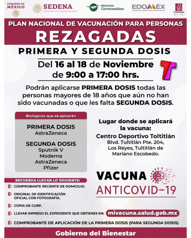 En el municipio de Tultitlán se vacunará del 16 al 18 de noviembre a rezagados y segundas dosis