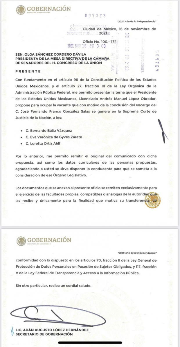 El documento a Bernardo Bátiz Vázquez, Eva Verónica de Gyvés Zárate y Loretta Ortiz Ahif.