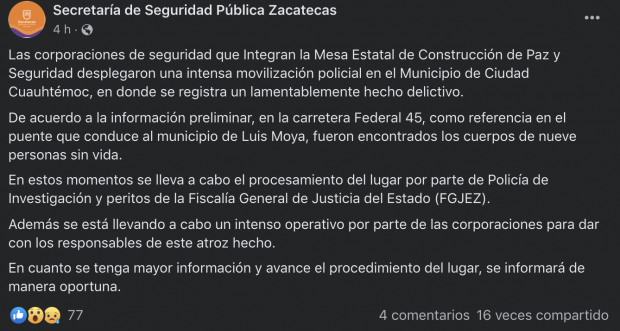 Mensaje publicado en la cuenta de Facebook de la Secretaría de Seguridad Pública de Zacatecas.
