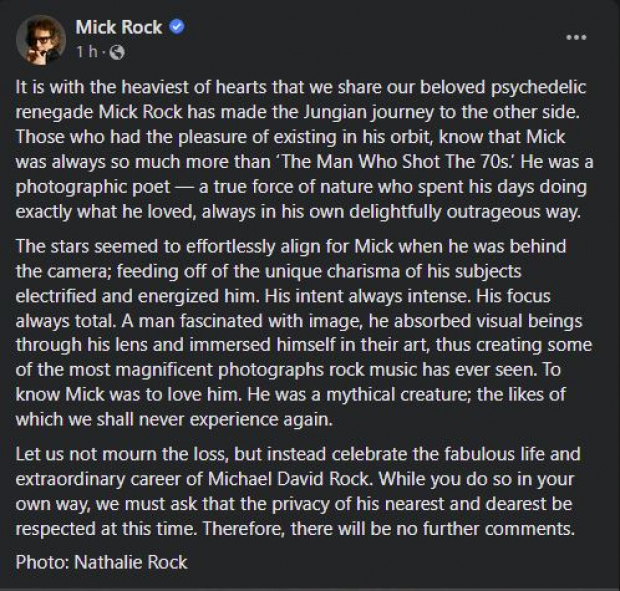 Comunicado de la muerte de Mick Rock