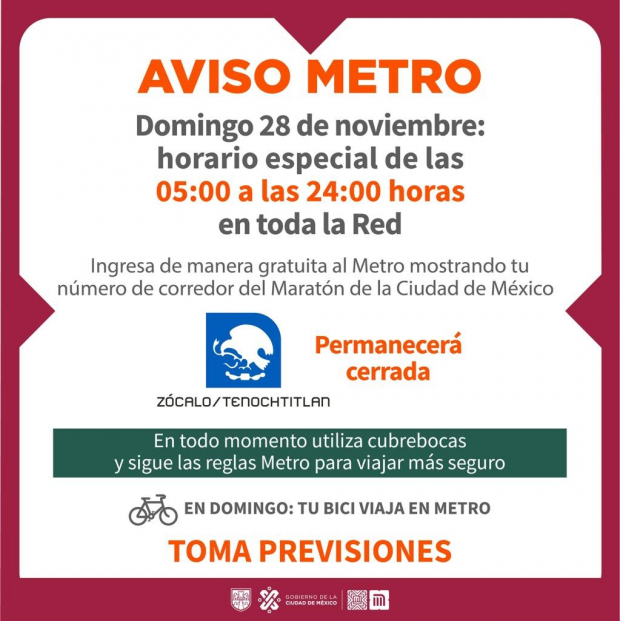 Horario del Metro para el próximo domingo 28 de noviembre