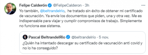 El expresidente de México, Felipe Calderón, denunció problemas para descargar su certificado de vacunación contra COVID-19