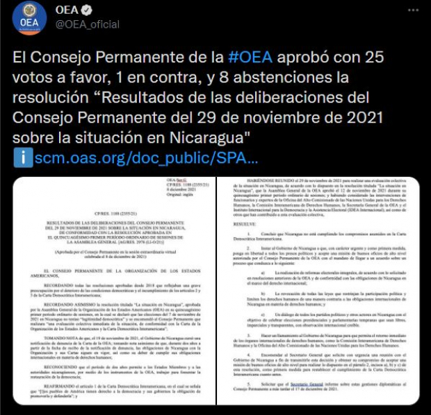 La OEA se pronunció sobre la situación en Nicaragua.