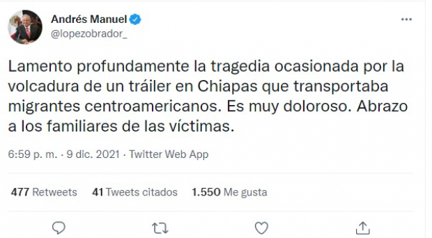 AMLO lamenta accidente de migrantes en carretera Chiapa de Corzo- Tuxtla Gutiérrez.
