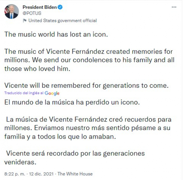 Joe Biden lamenta la muerte de Vicente Fernández.