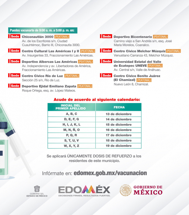 Calendario y sedes de vacunación contra COVID-19 en Ecatepec