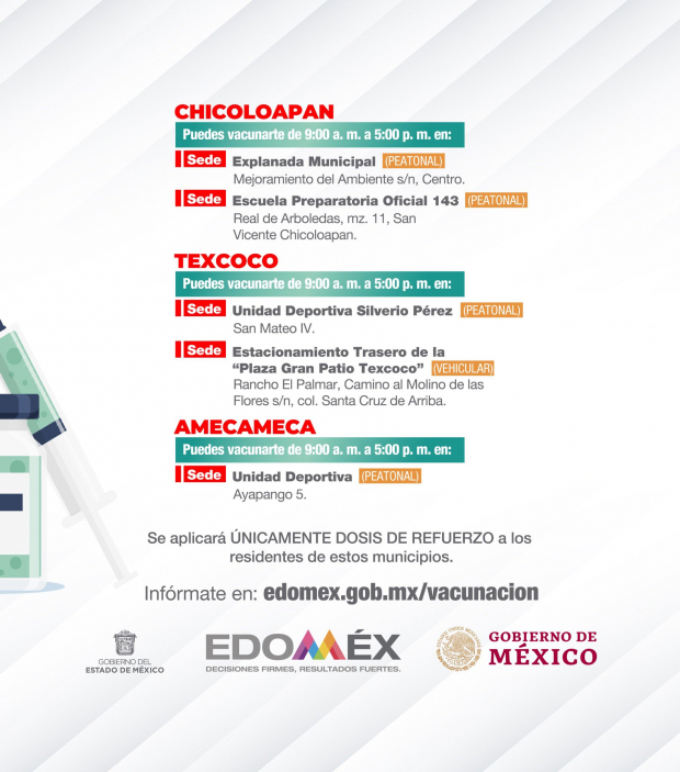 Chicoloapan, Texcoco y Amecameca aplican dosis de refuerzo contra COVID-19