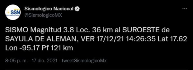 Un temblor sorprendió a los habitantes de Sayula de Alemán, Veracruz.