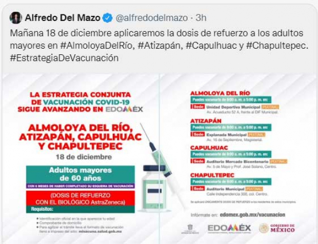 Vacunación en Almoloya del Río, Atizapán, Capulhuac y Chapultepec