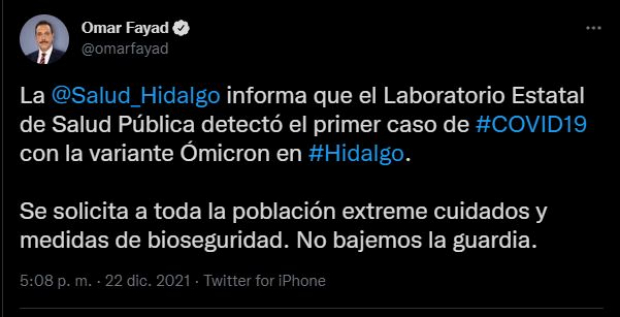 Así informó el gobernador de Hidalgo el primer caso de la variante Ómicron de COVID-19.