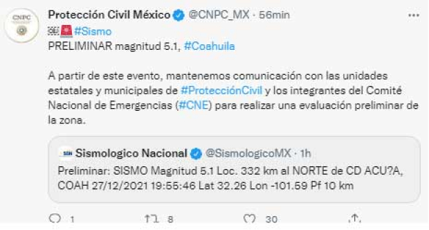 Mensaje de Protección Civil México tras sismo en Ciudad Acuña