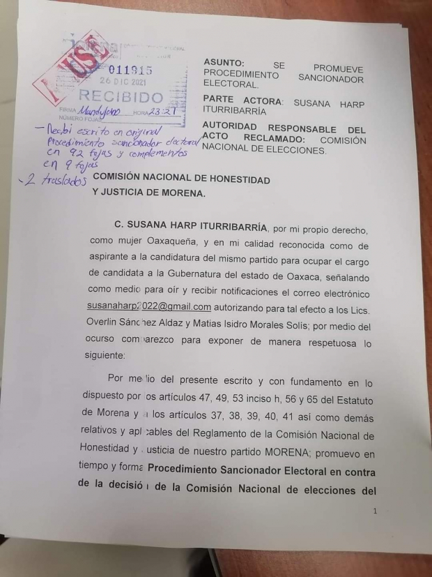 Documento presentado por Susana Harp ante la Comisión Nacional de Honestidad y Justicia de Morena.