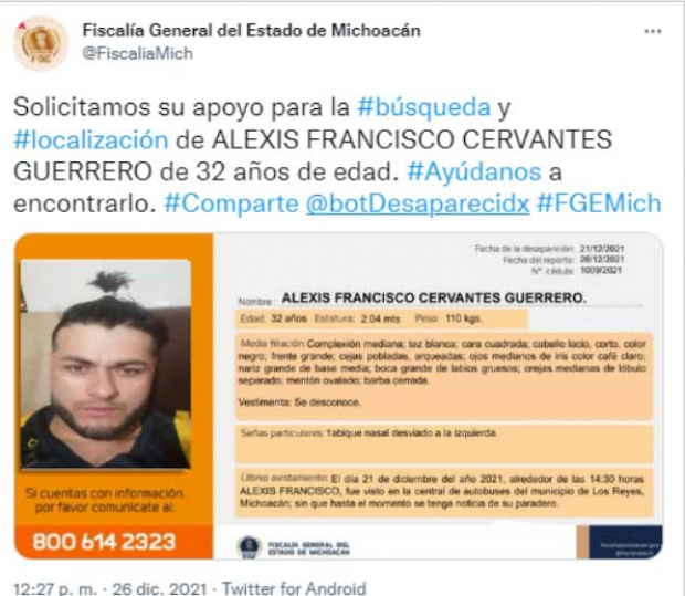 Fiscalía emite ficha para localizar a Alexis Cervantes, basquetbolista que desapareció en Michoacán