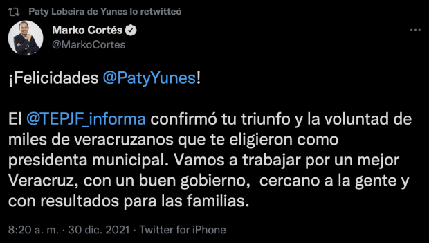 Mensaje publicado por Marko Cortés en su cuenta de Twitter.