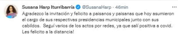 La senadora, Susana Harp, señaló en Twitter que dio positivo a COVID