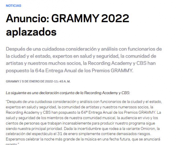 Anuncio de los Premios Grammy 2022
